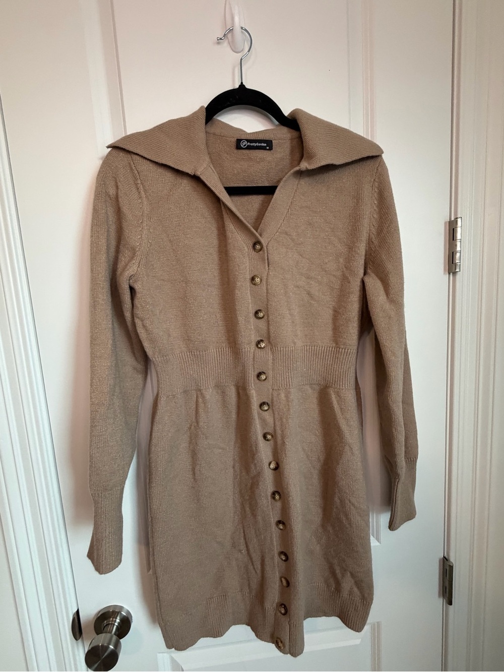 Sailor-Collar Button-Front Camel Knit Cardigan Dress
